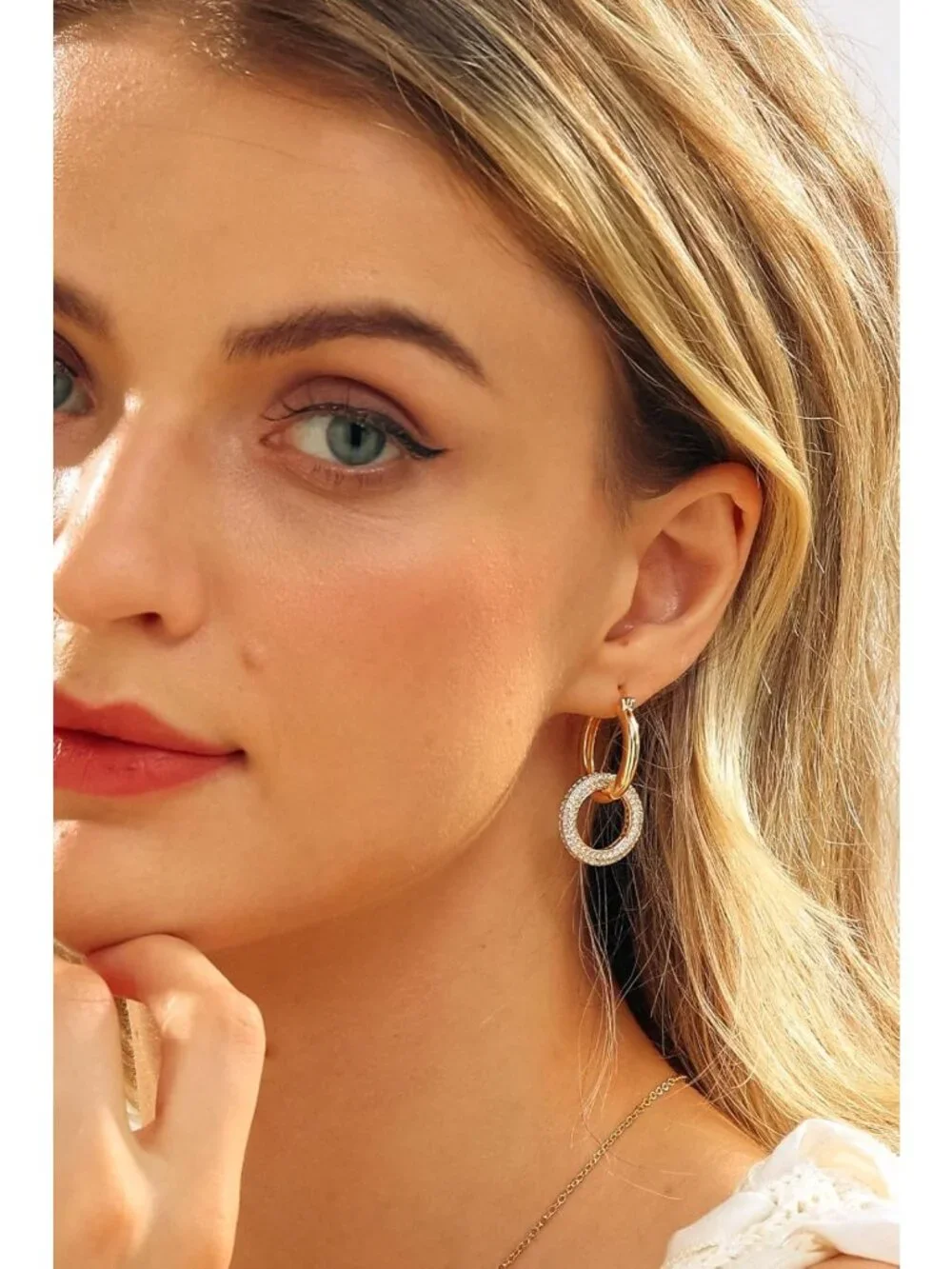 Chunky Double Hoop Drop Earrings | Removable Pave Crystal Interlocking Loops